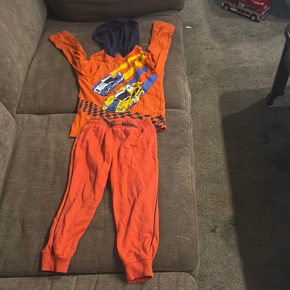 Kids' Orange Car Print Hoodie and Pants Set